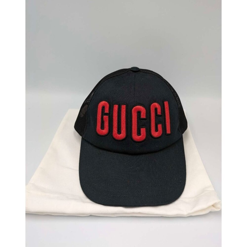 Gucci Embroidered Trucker Mesh Red Logo Cotton Hat Black 701324 - Picture 11 of 11